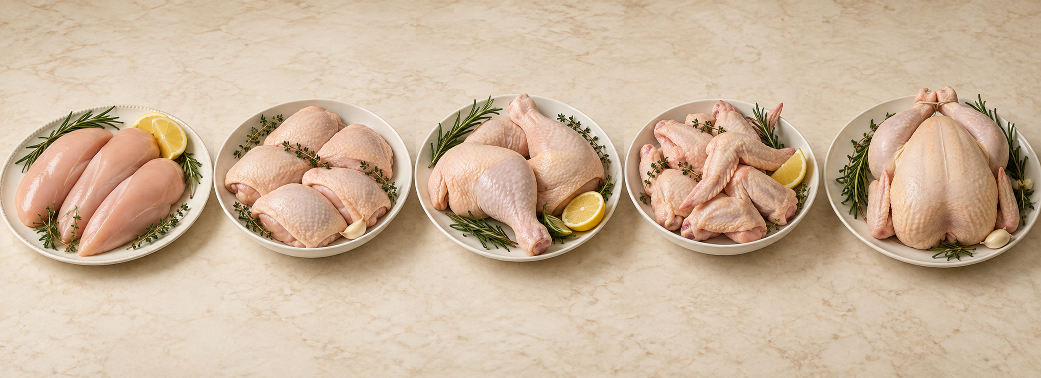 Chicken breasts, thighs, Marylands, wings and a whole bird arranged on white platters with fresh herbs and lemon
