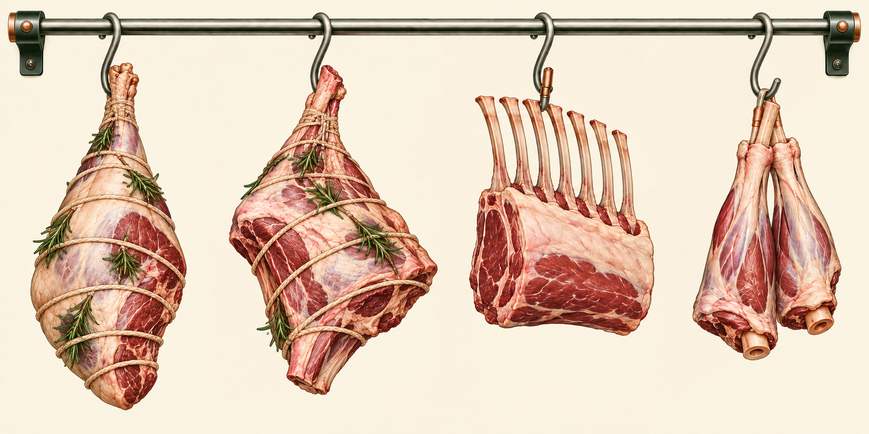 Lamb leg, shoulder, loin rack and shanks hanging from S-hooks on a butcher’s rail
