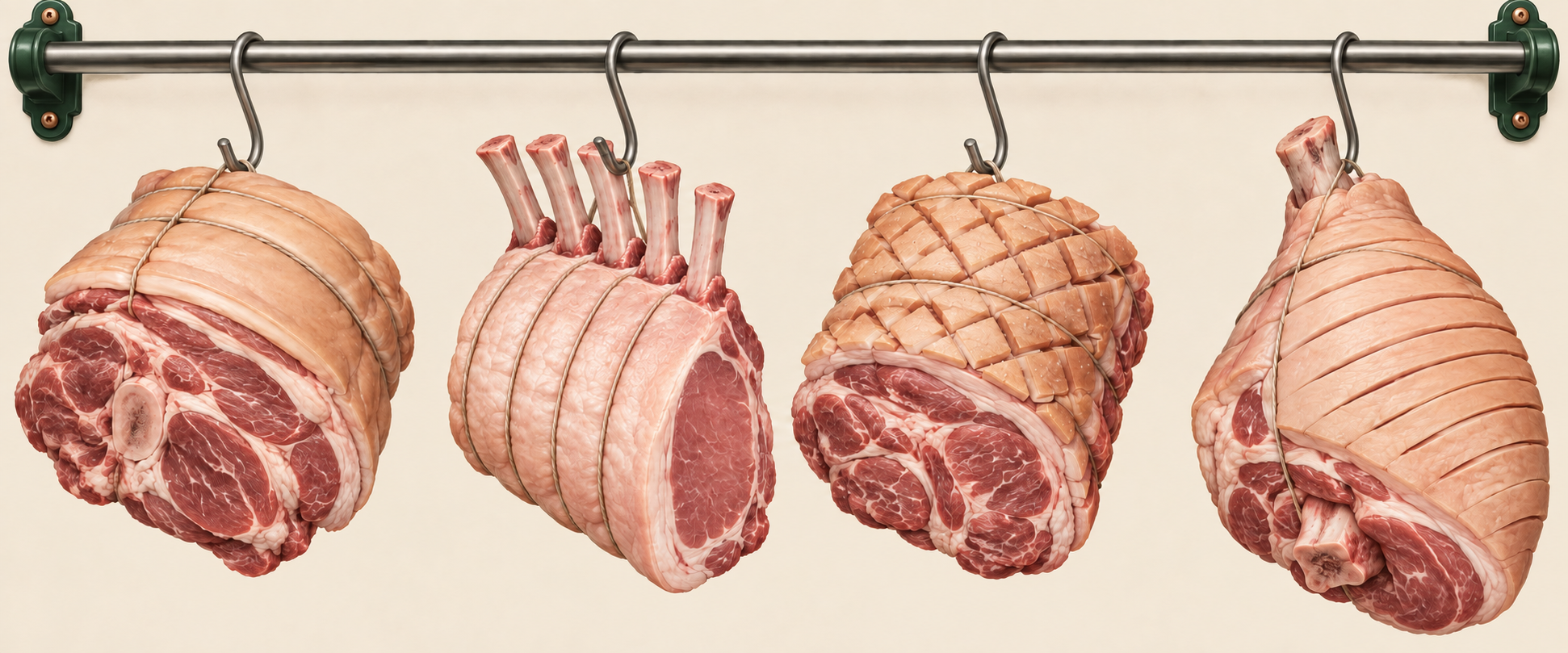 Pork shoulder, loin rack, scotch roast and bone-in leg hanging from S-hooks on a butcher’s rail