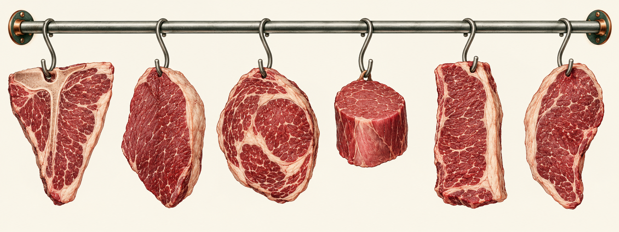 Five beef steak cuts hanging from S-hooks on a butcher’s rail